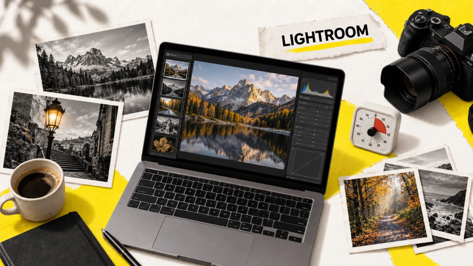Illustration en collage photographique de l’article « 13 conseils pour gagner du temps avec Lightroom Classic »