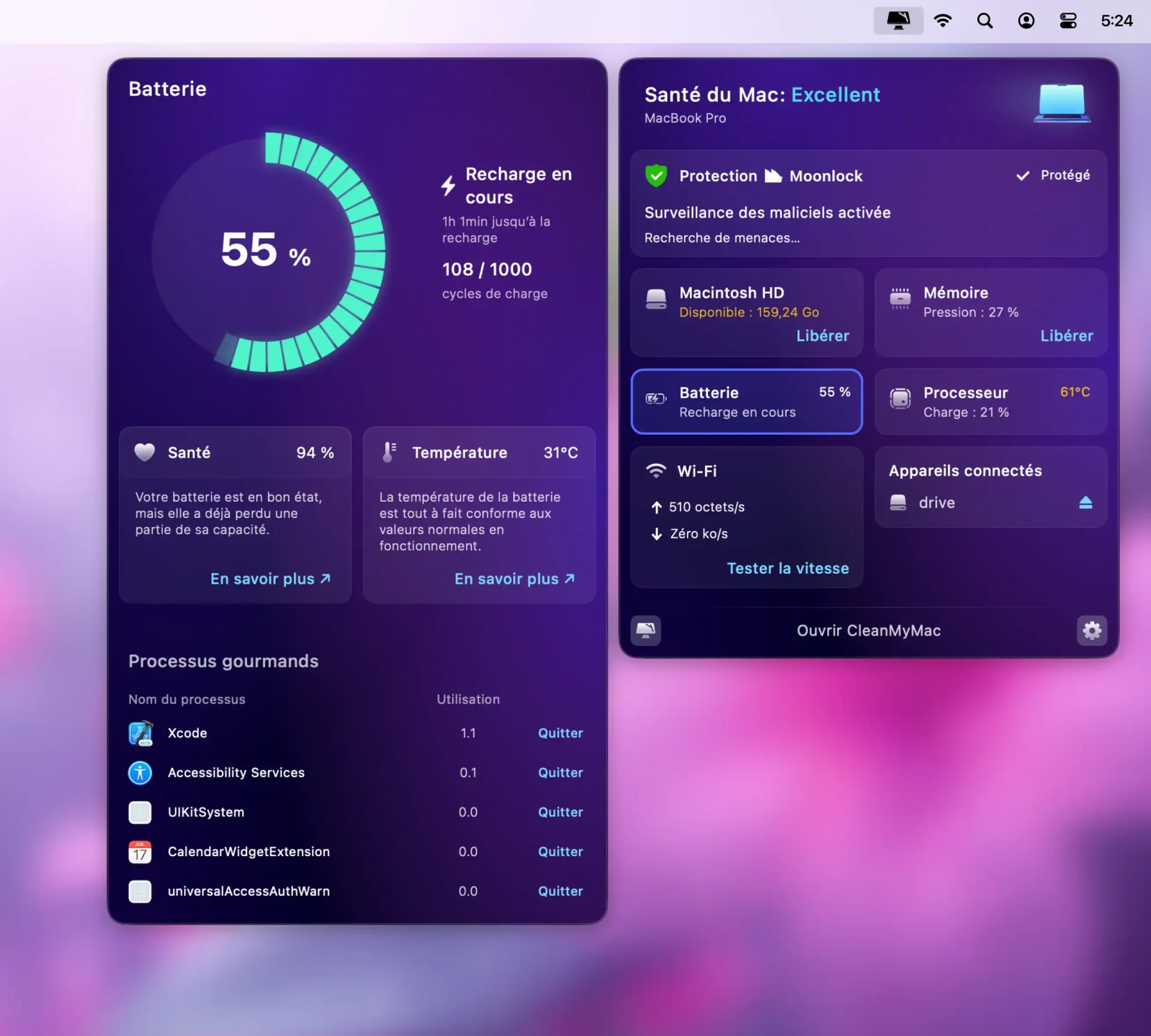 CleanMyMac 2025 – Le test complet 19 18 Menu Battery FR.jpg