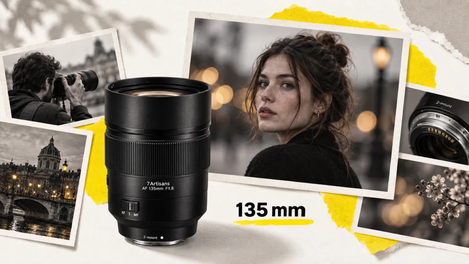 Illustration en collage photographique de l’article « 7Artisans Max AF 135mm f/1.8 Nikon Z : le portrait pro à 689 $ »