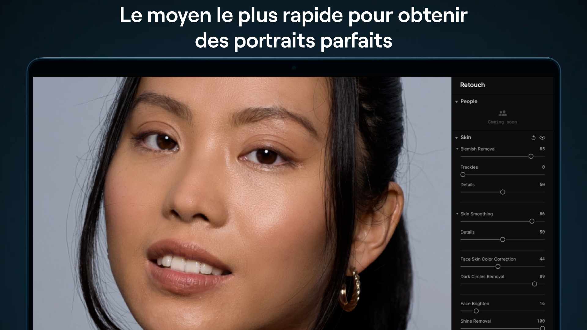 Capture d'écran d'une application de retouche photo montrant les options pour améliorer les portraits.