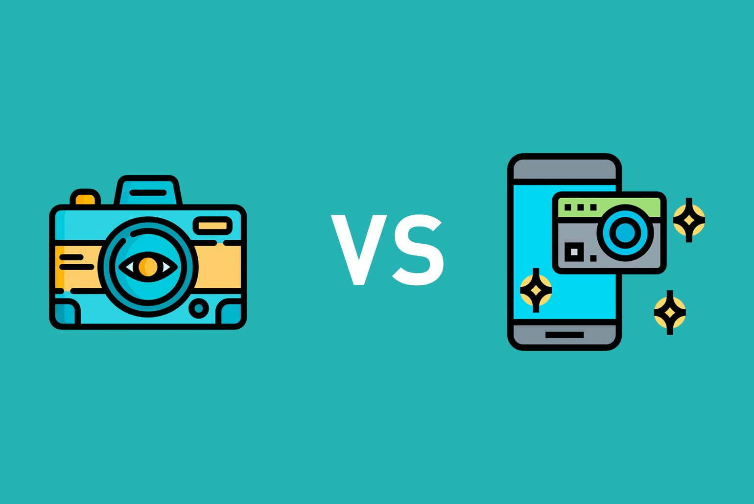 Appareil photo analogique versus smartphone moderne sur fond turquoise