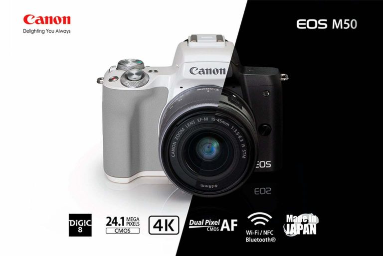 Appareil photo Canon EOS M50 présenté avec ses caractéristiques techniques et logos de marque.