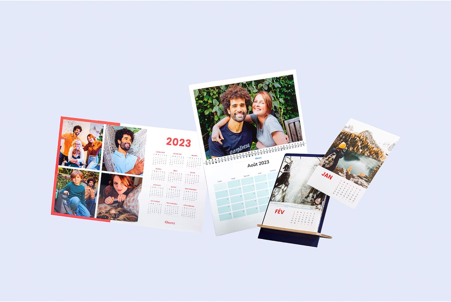 Calendriers photo personnalisés pour l'année 2023 avec des images de famille et de paysages.