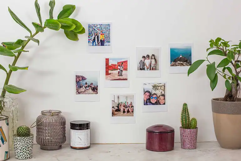 Mur décoré de photos personnelles entouré de plantes et de petits objets.