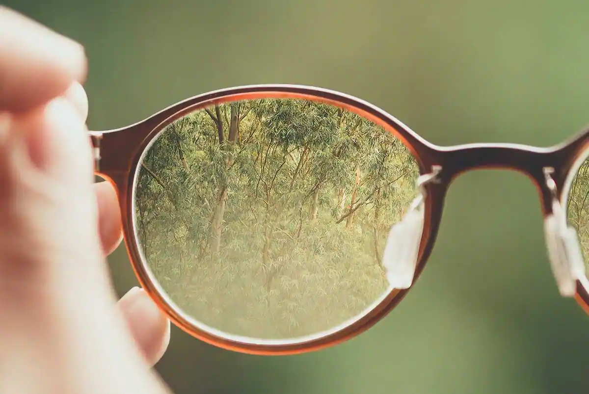 Main vue à travers des lunettes montrant une forêt floue environnante.
