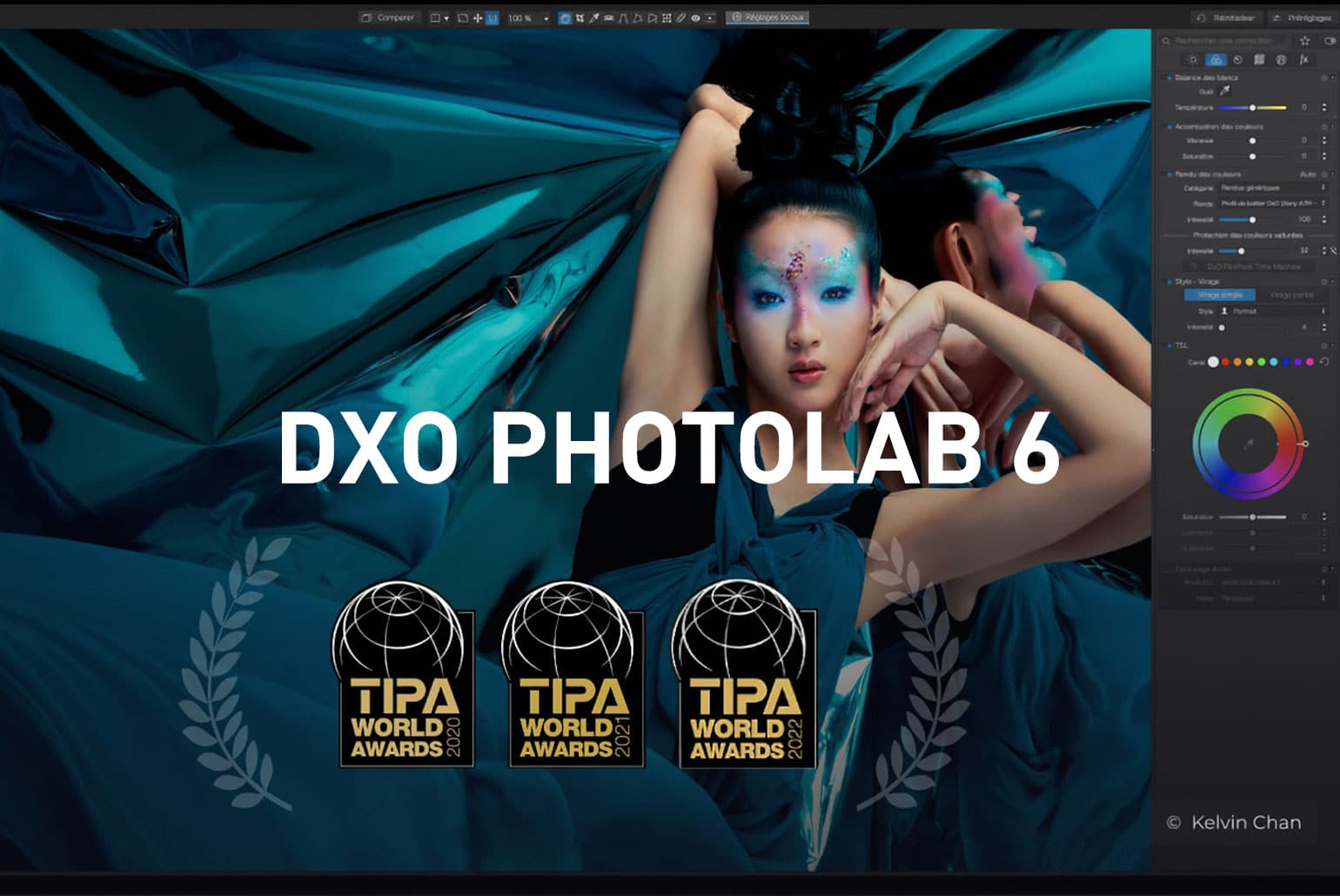 Capture d'écran de DxO PhotoLab 6 avec une image artistique et des badges TIPA World Awards.