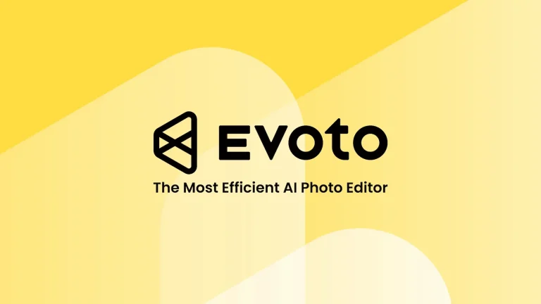 Logo d'Evoto avec le slogan "The Most Efficient AI Photo Editor" sur fond jaune.