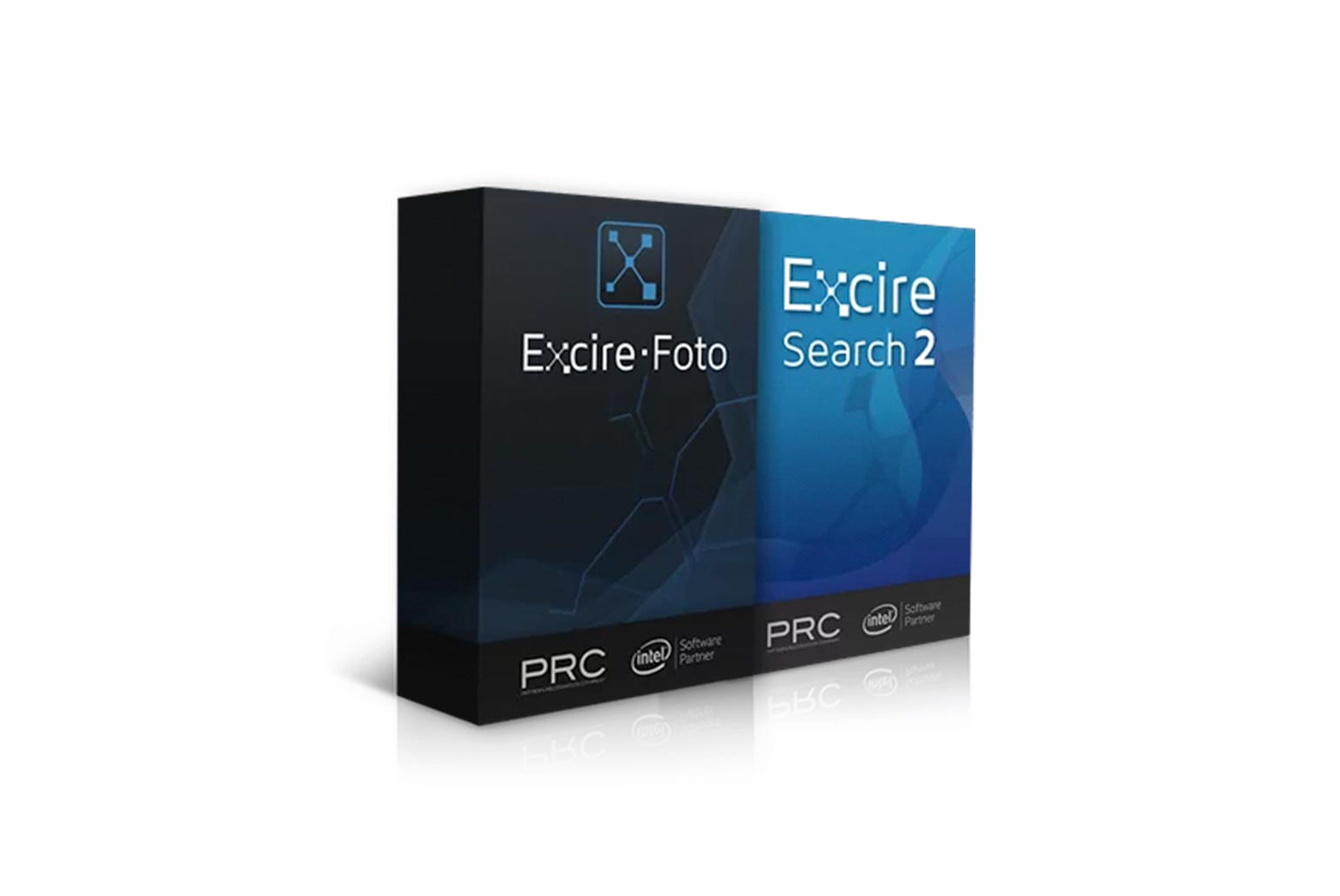 Boîte de logiciels Excire-Foto et Excire Search 2 avec logo Intel.