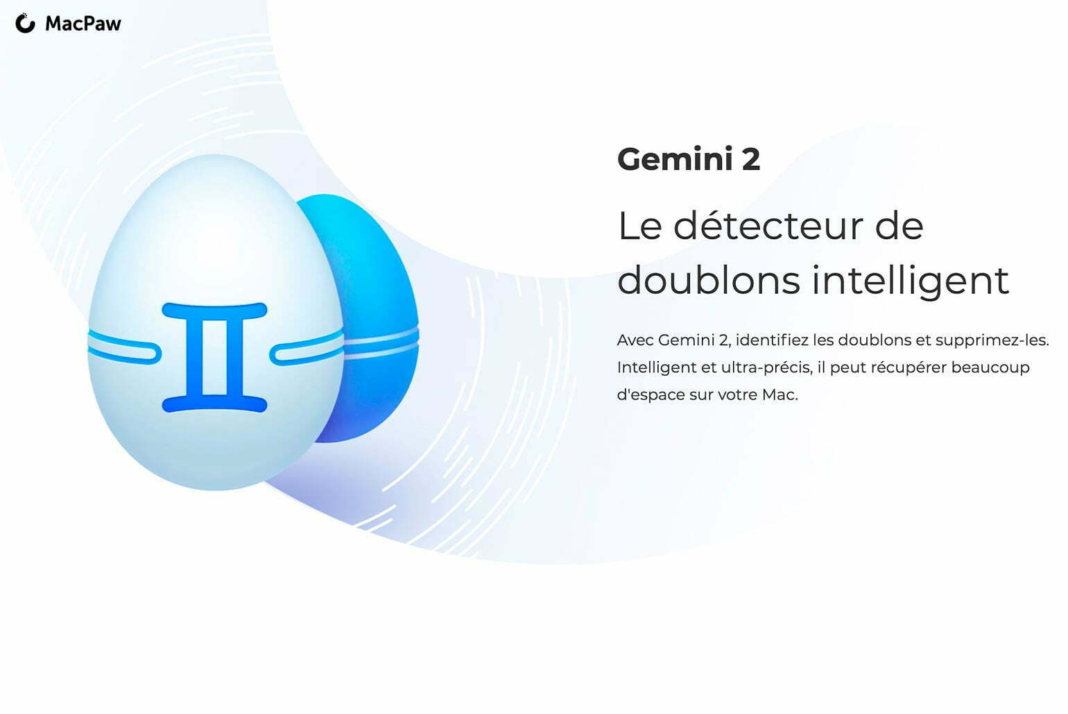 Logo de Gemini 2 et description de ses fonctionnalités de détection intelligente de doublons pour Mac, par MacPaw.