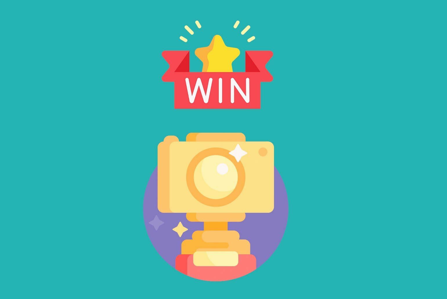 Illustration d'un trophée en forme d'appareil photo avec une étoile et un ruban "Win" en arrière-plan