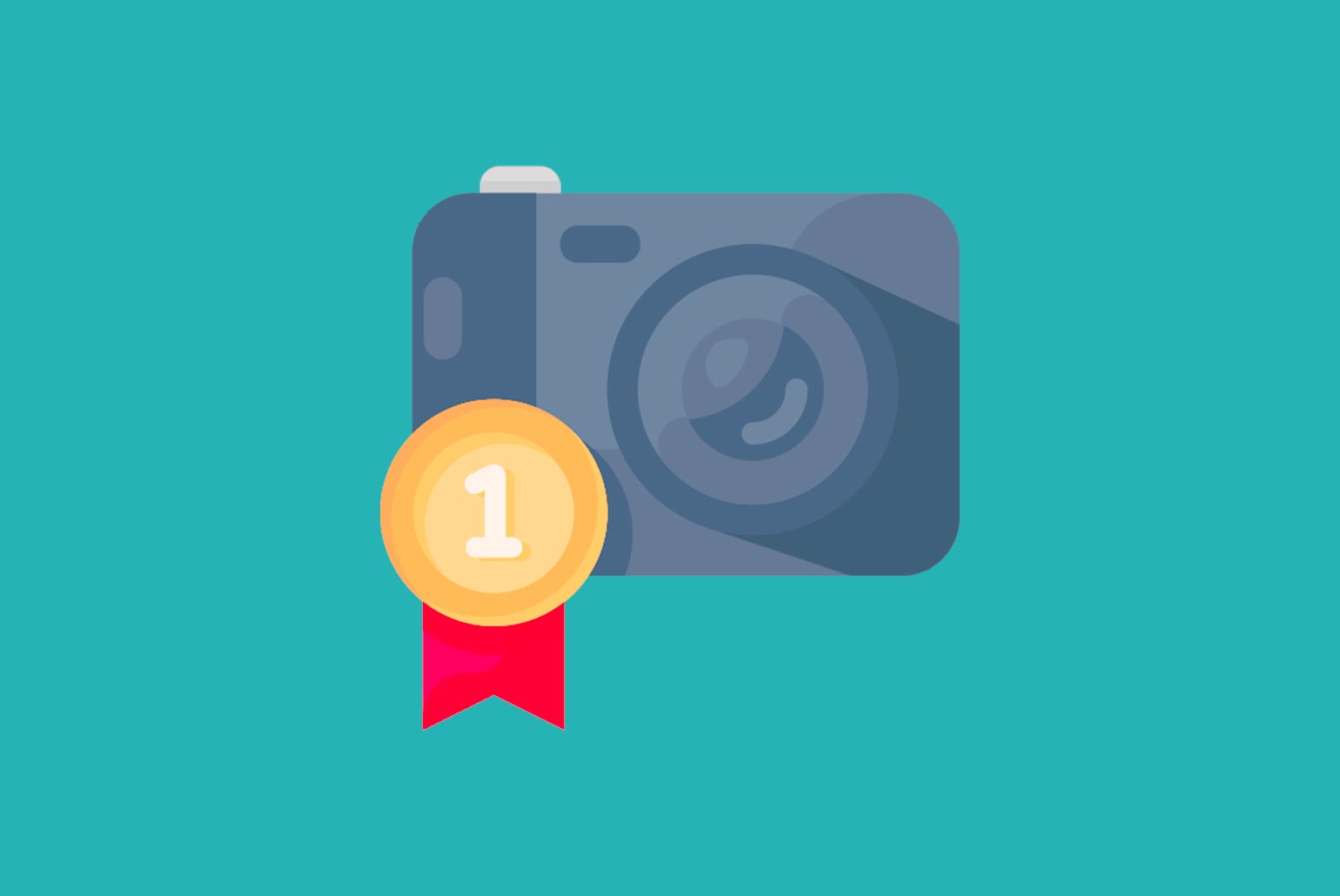 Illustration d'un appareil photo avec une médaille numéro un sur fond turquoise