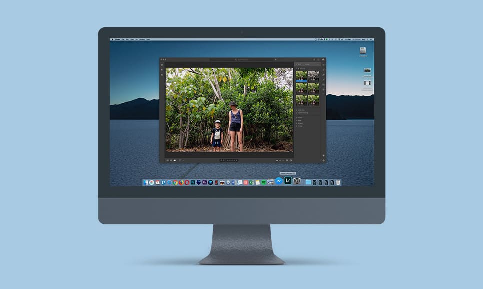 Écran d'ordinateur affichant un logiciel de retouche photo avec une image d'une femme et d'un enfant devant des arbres.