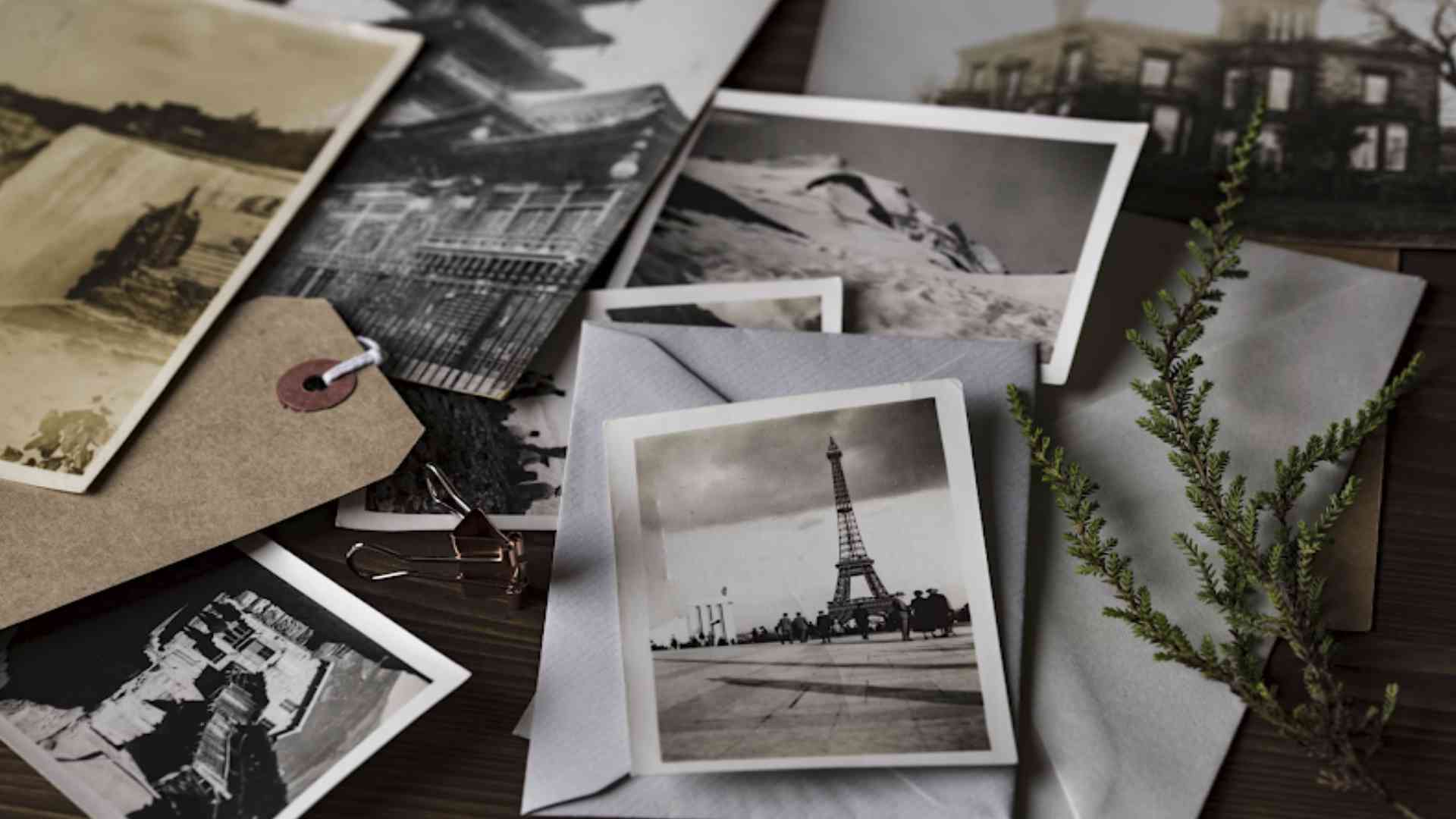 Photographies vintage en noir et blanc, dont une de la Tour Eiffel, entourées de cartes postales et d'une branche de sapin