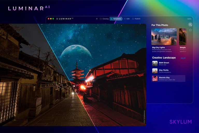 Interface du logiciel Luminar AI avec une image de rue transformée en scène nocturne étoilée.