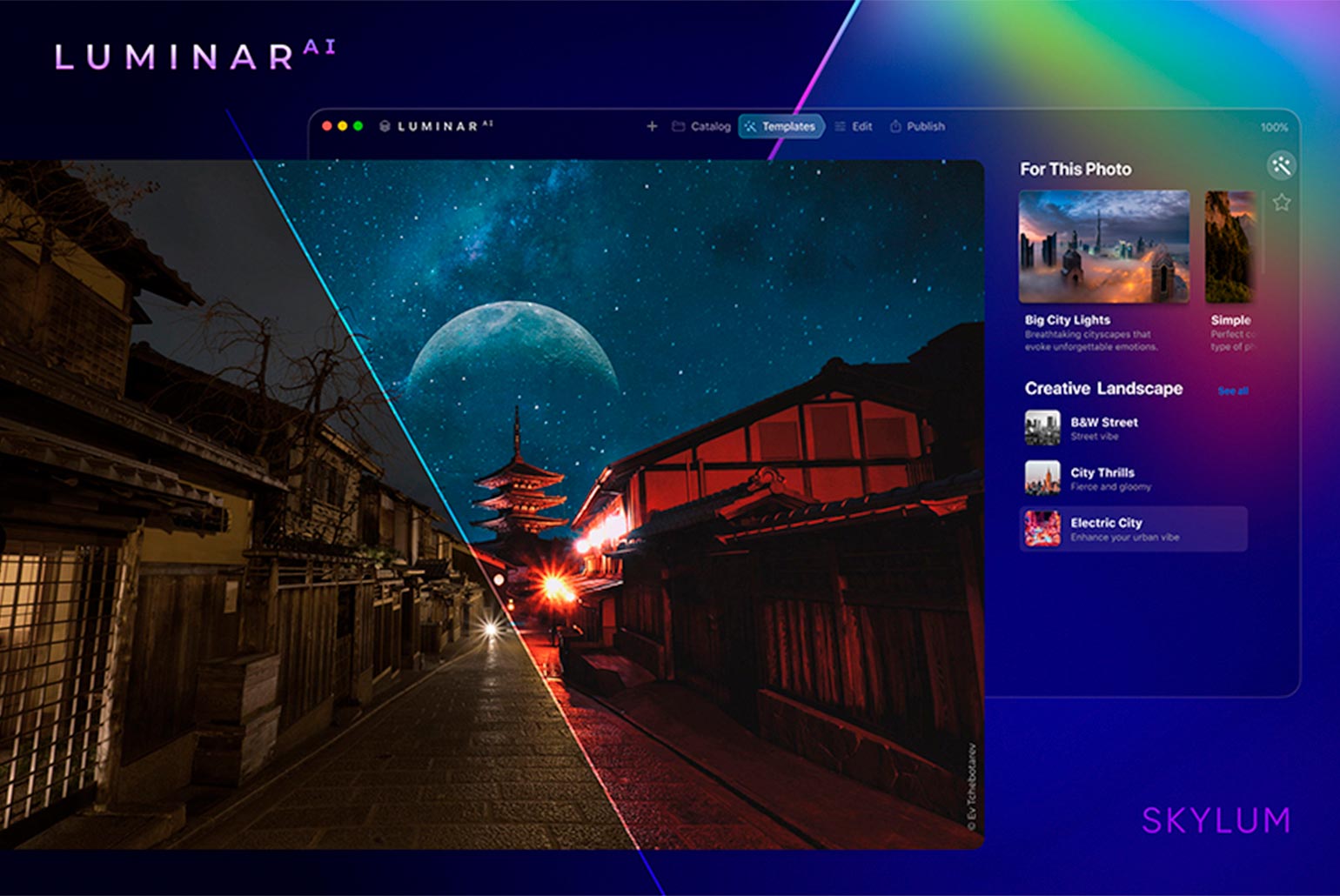 Interface du logiciel Luminar AI avec une image de rue transformée en scène nocturne étoilée.