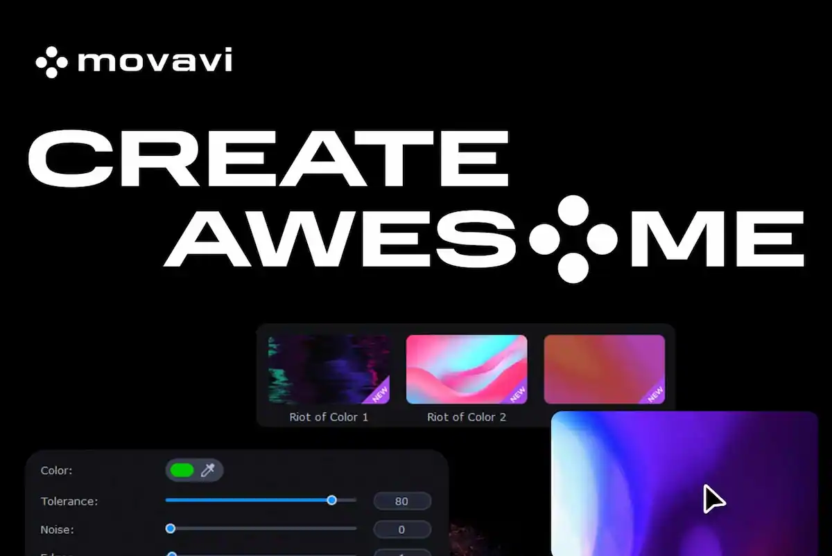 Texte publicitaire coloré et dynamique avec le logo Movavi et des outils de montage.