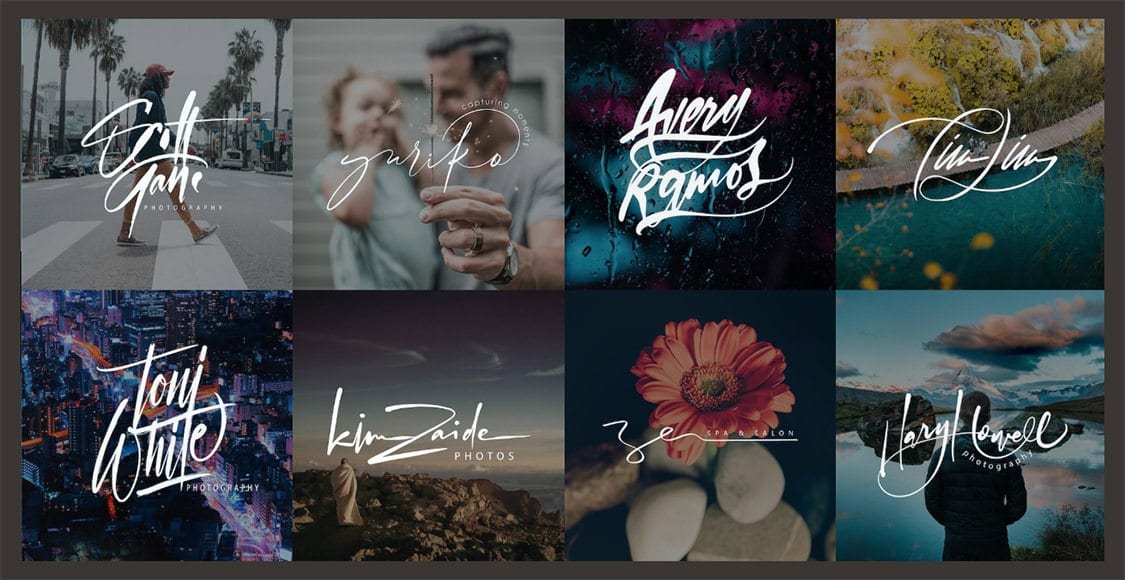 Montage de huit logos artistiques intégrant des éléments de photographie et de design.