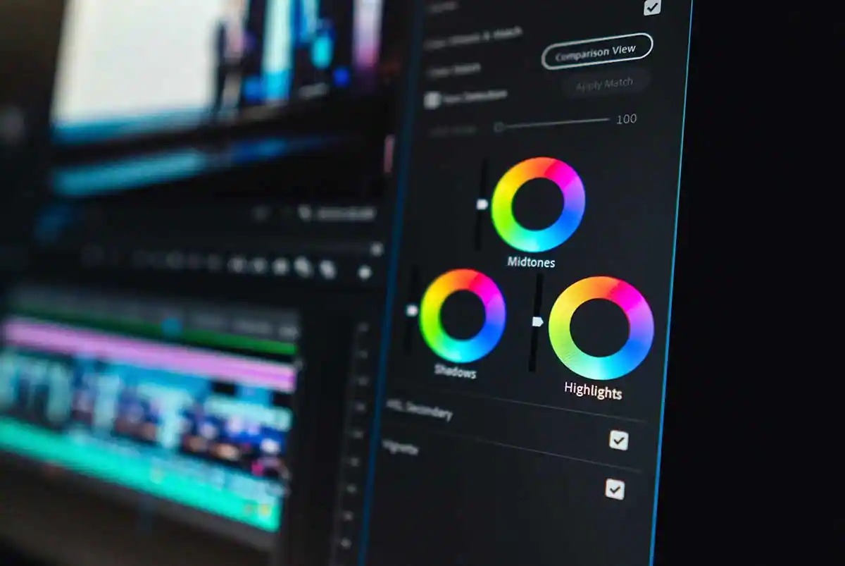 Écran d'édition de vidéo avec des outils de correction des couleurs affichés.