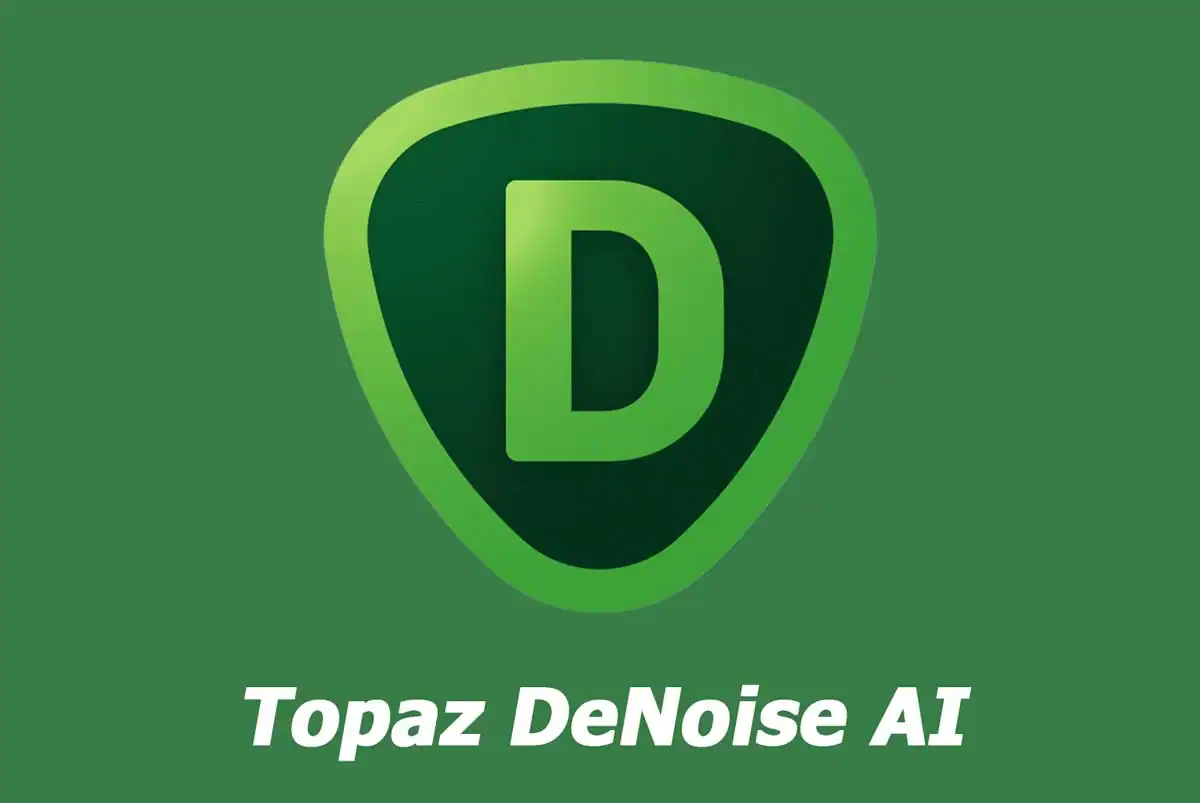Logo de Topaz DeNoise AI avec un fond vert et un emblème en forme de bouclier contenant la lettre D