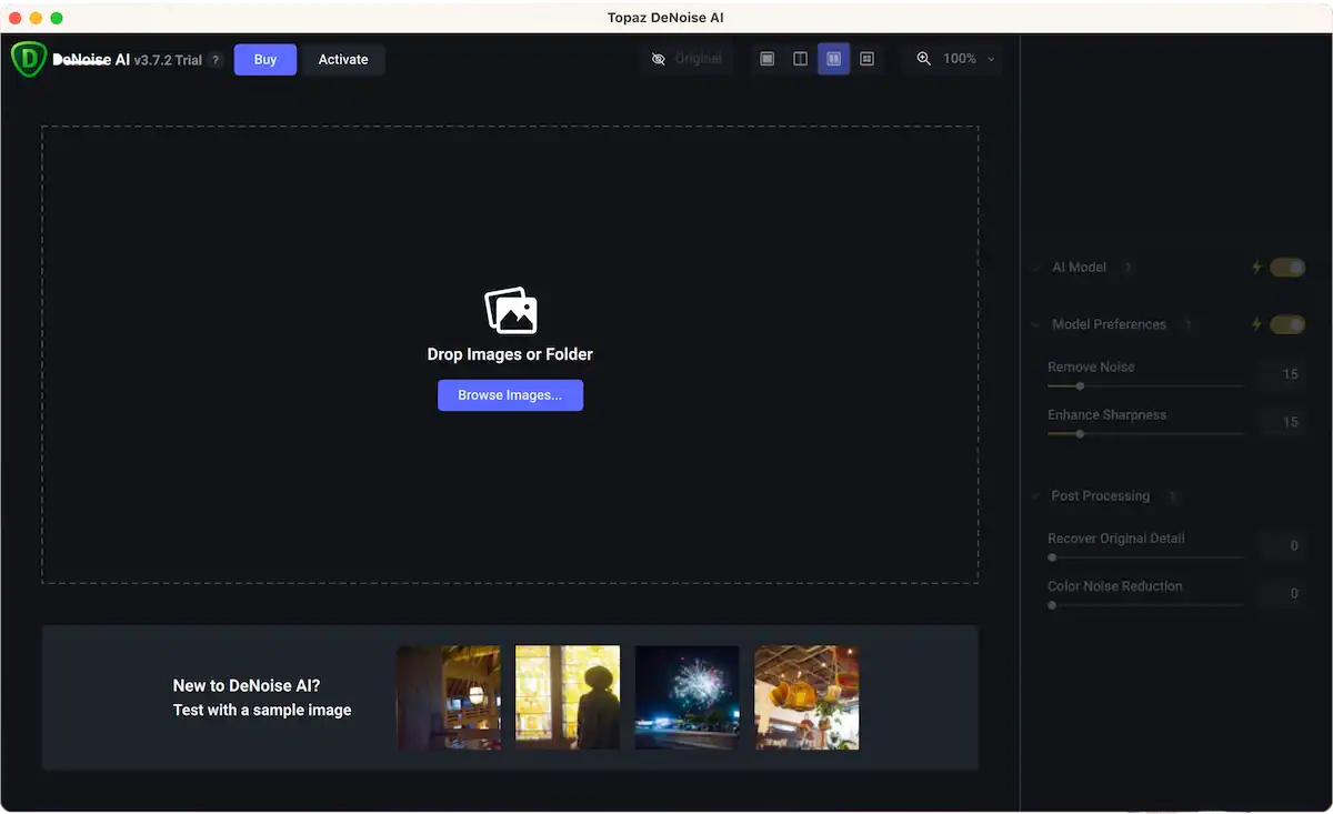 Interface de logiciel Topaz DeNoise AI avec un espace pour déposer des images.