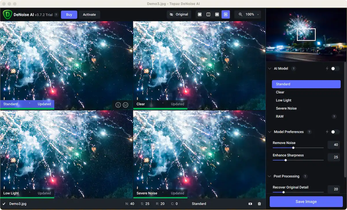 Interface de Topaz DeNoise AI montrant plusieurs traitements d'une photo de feux d'artifice.