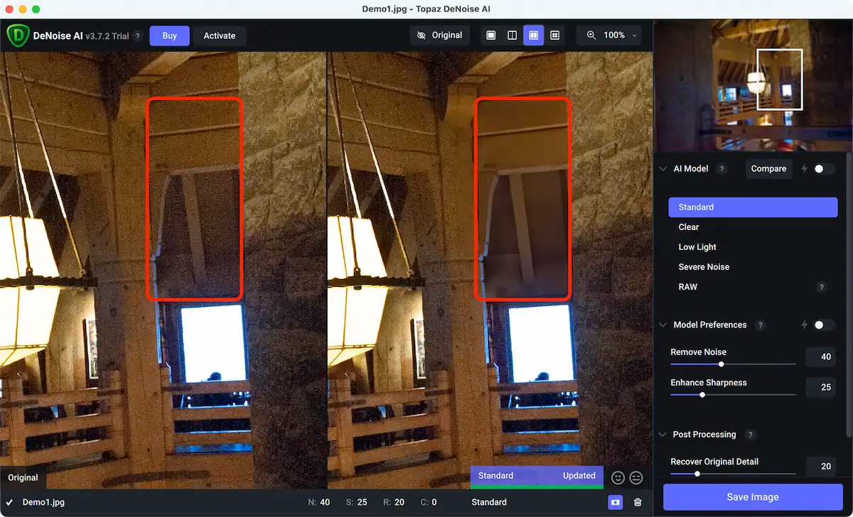 Comparaison d'une image avant et après réduction de bruit avec Topaz DeNoise AI.