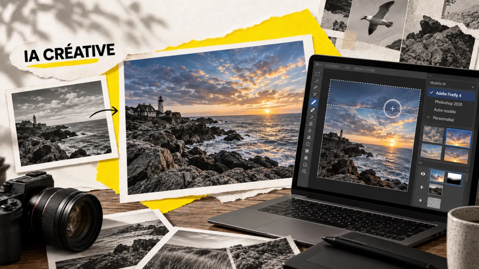 Illustration en collage photographique de l’article « Adobe Firefly 4 et Photoshop 2026 : ce que ça change vraiment pour les photographes »