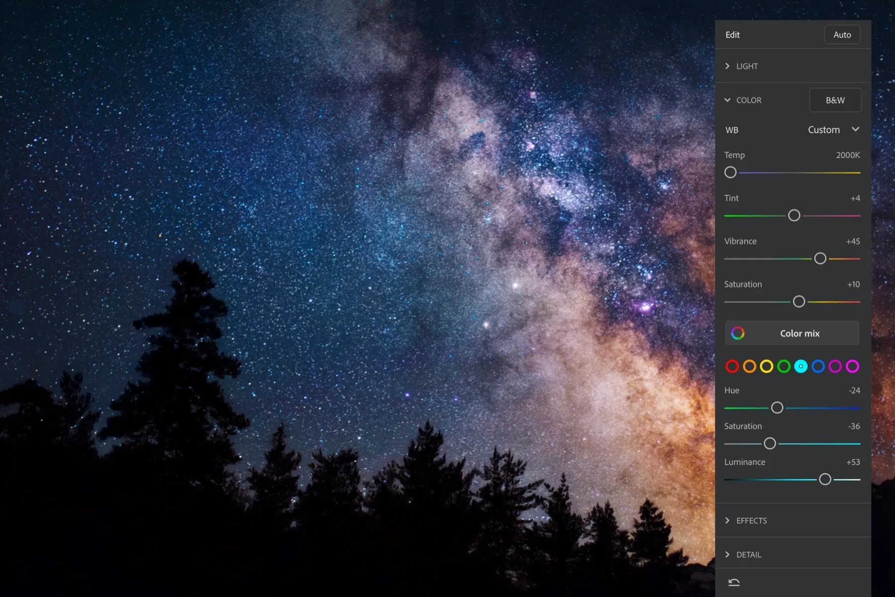 Interface d'Adobe Photoshop : panneau de réglages couleur et lumière