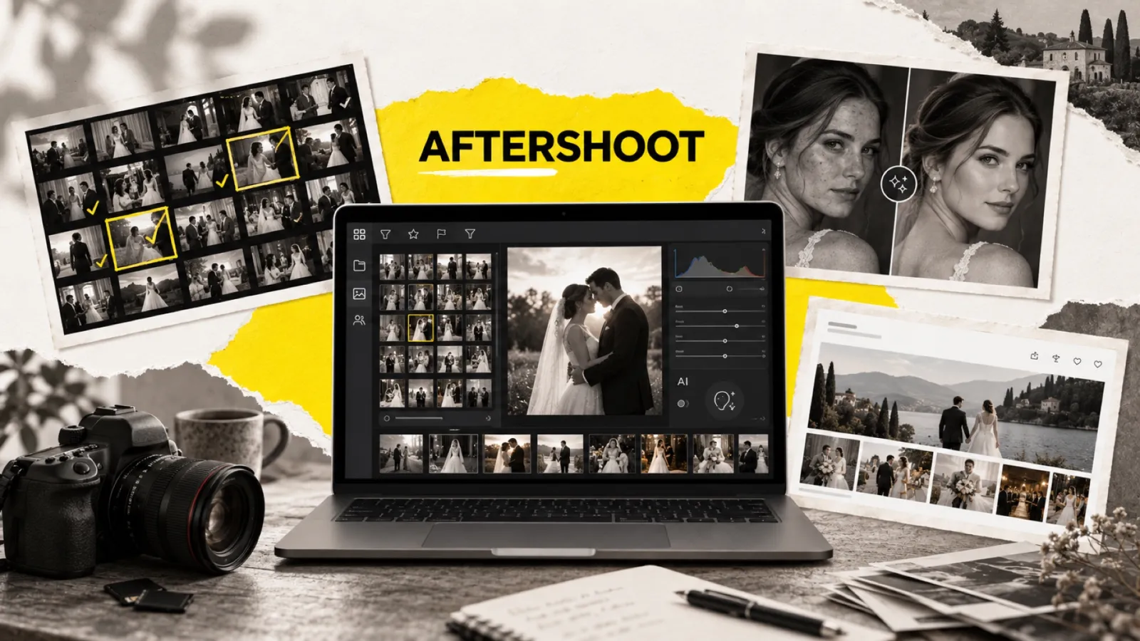 Illustration en collage photographique de l’article « Aftershoot devient un workflow photo complet : tri, édition RAW, retouche IA et galeries clients »
