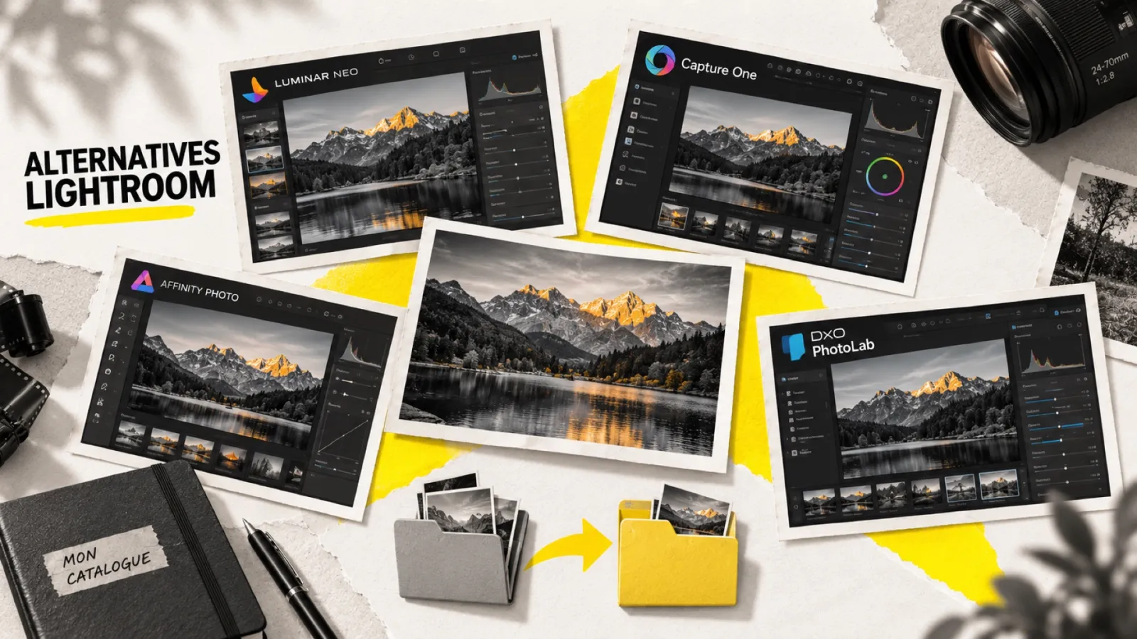 Illustration en collage photographique de l’article « Alternatives à Adobe Lightroom en 2026 : 4 logiciels qui valent vraiment le détour »