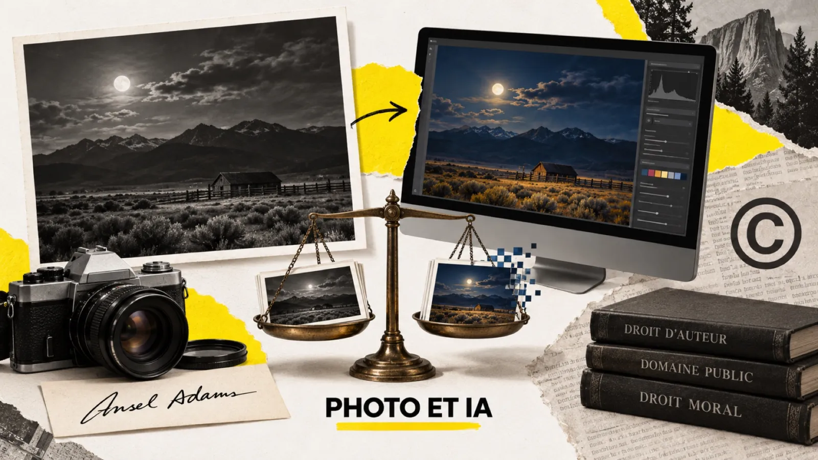 Illustration en collage photographique de l’article « L’affaire Ansel Adams, Moonrise et IA : ce que dit la polémique Danziger Gallery sur le droit d’auteur photo »