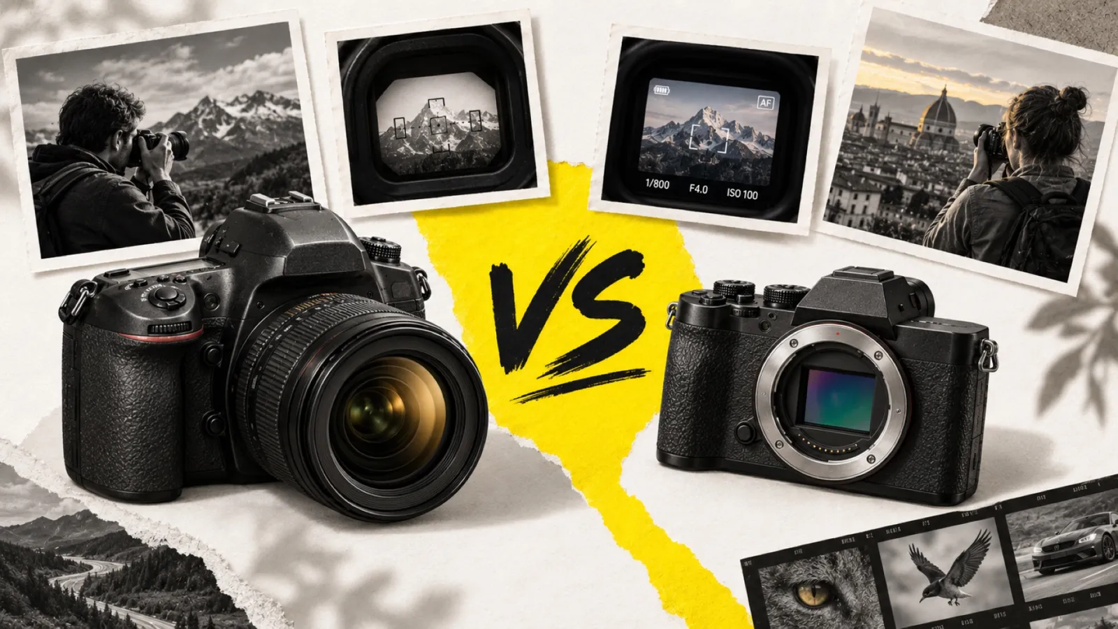 Illustration en collage photographique de l’article « Appareil photo hybride ou reflex : que choisir en 2026 ? »