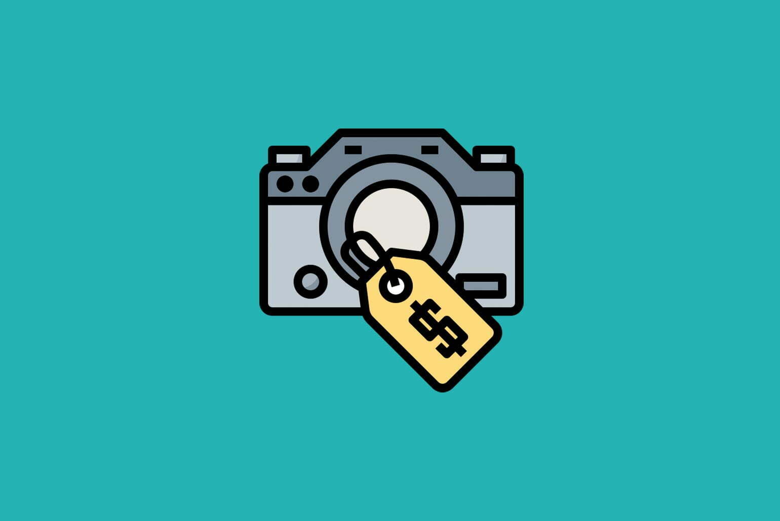 Icône d'un appareil photo avec une étiquette de prix en dollar sur fond turquoise