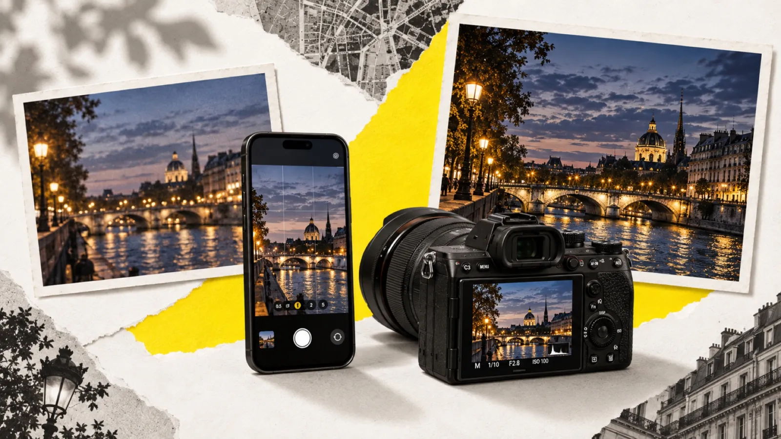 Illustration en collage photographique de l’article « Appareil photo vs smartphone : lequel choisir en 2026 ? »