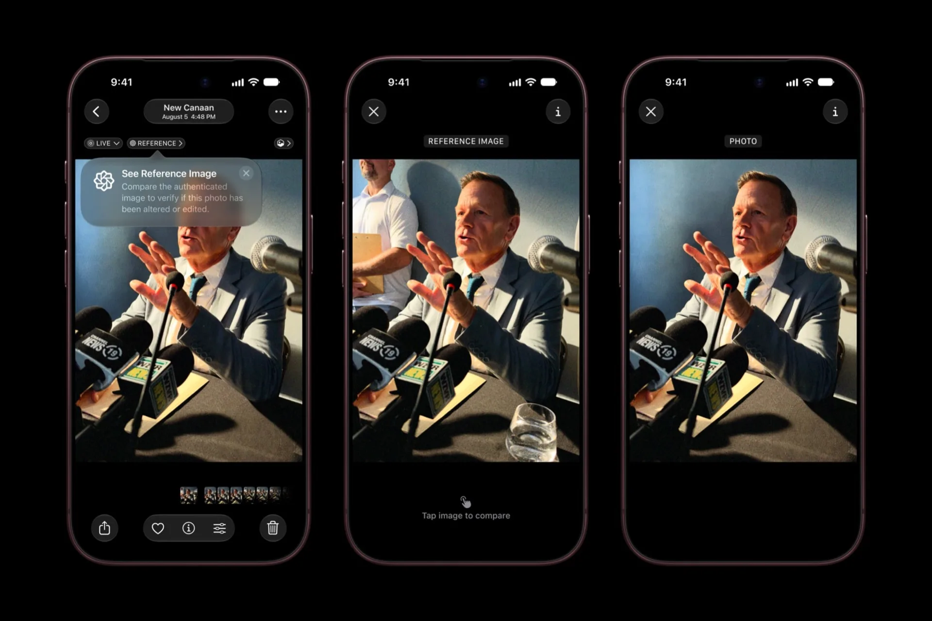 Trois iPhone 18 Pro affichant l'Image de référence Apple : la photo d'origine comparée à une version retouchée dans l'app Photos