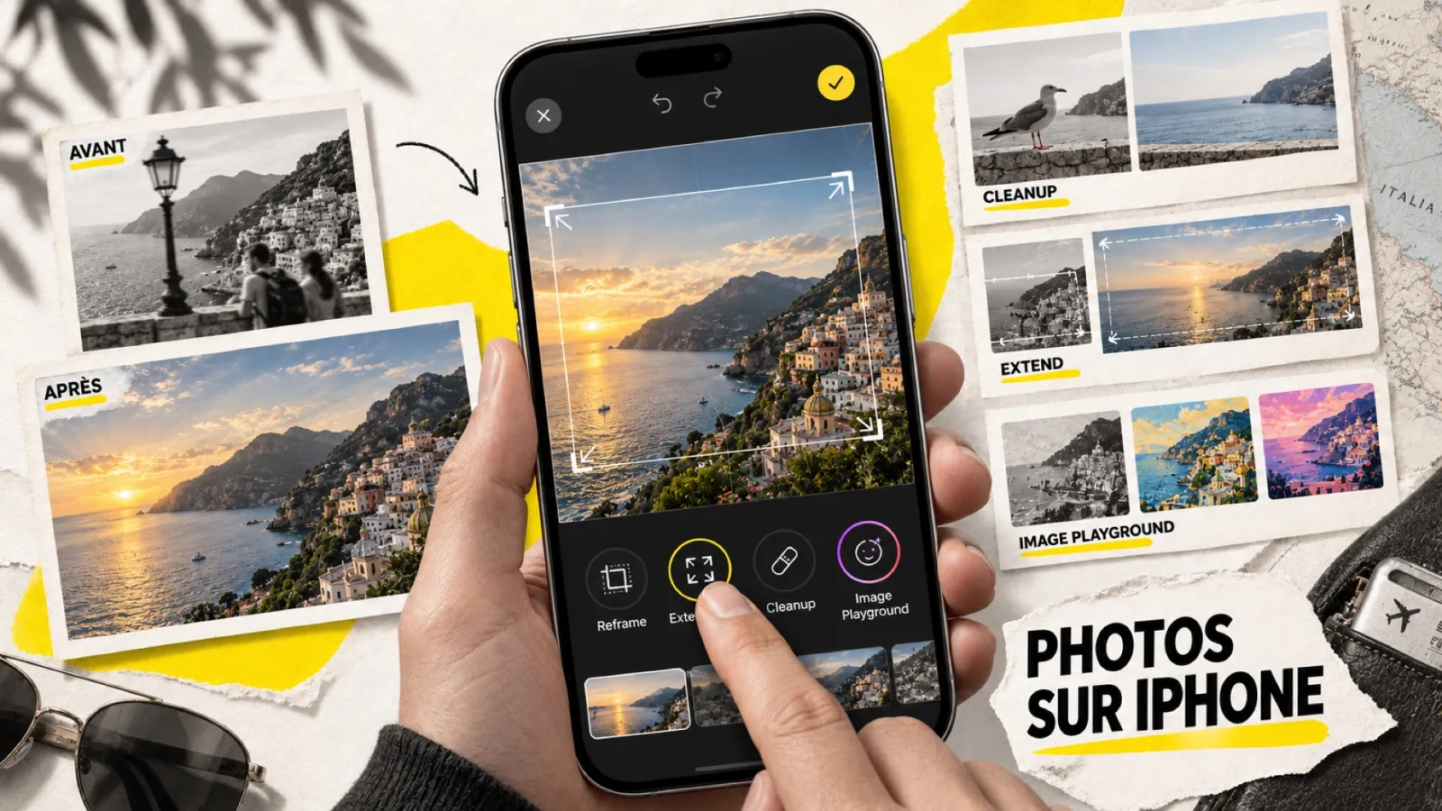Illustration en collage photographique de l’article « iOS 27 : l’app Photos d’Apple passe à la retouche IA générative »