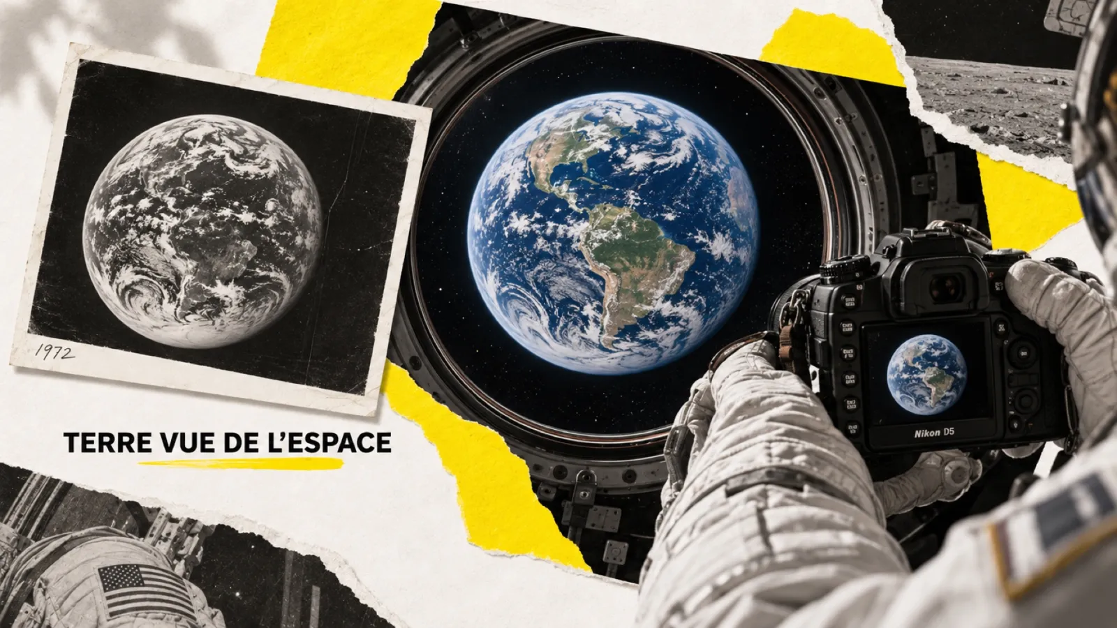 Illustration en collage photographique de l’article « Artemis II : la nouvelle Blue Marble par Reid Wiseman »