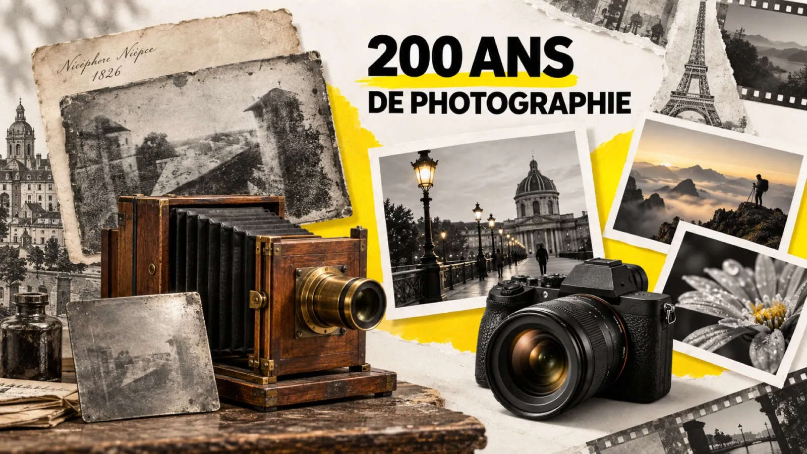 Illustration en collage photographique de l’article « Bicentenaire de la photographie : 200 ans après Niépce, ce que célèbre 2026 »