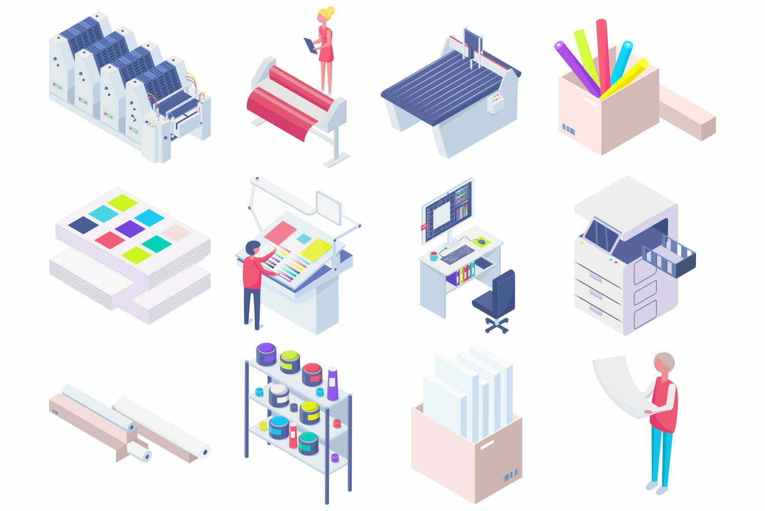 Illustration isométrique représentant divers aspects du processus d'impression et de design graphique.