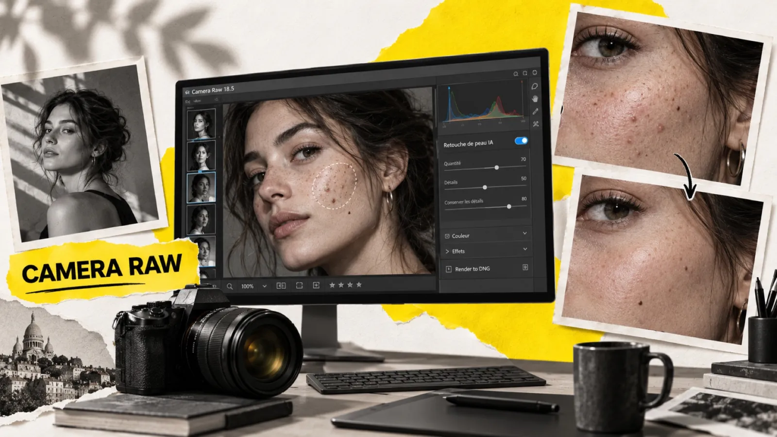 Illustration en collage photographique de l’article « Camera Raw 18.5 : la retouche de peau par IA arrive dans le module RAW de Photoshop »