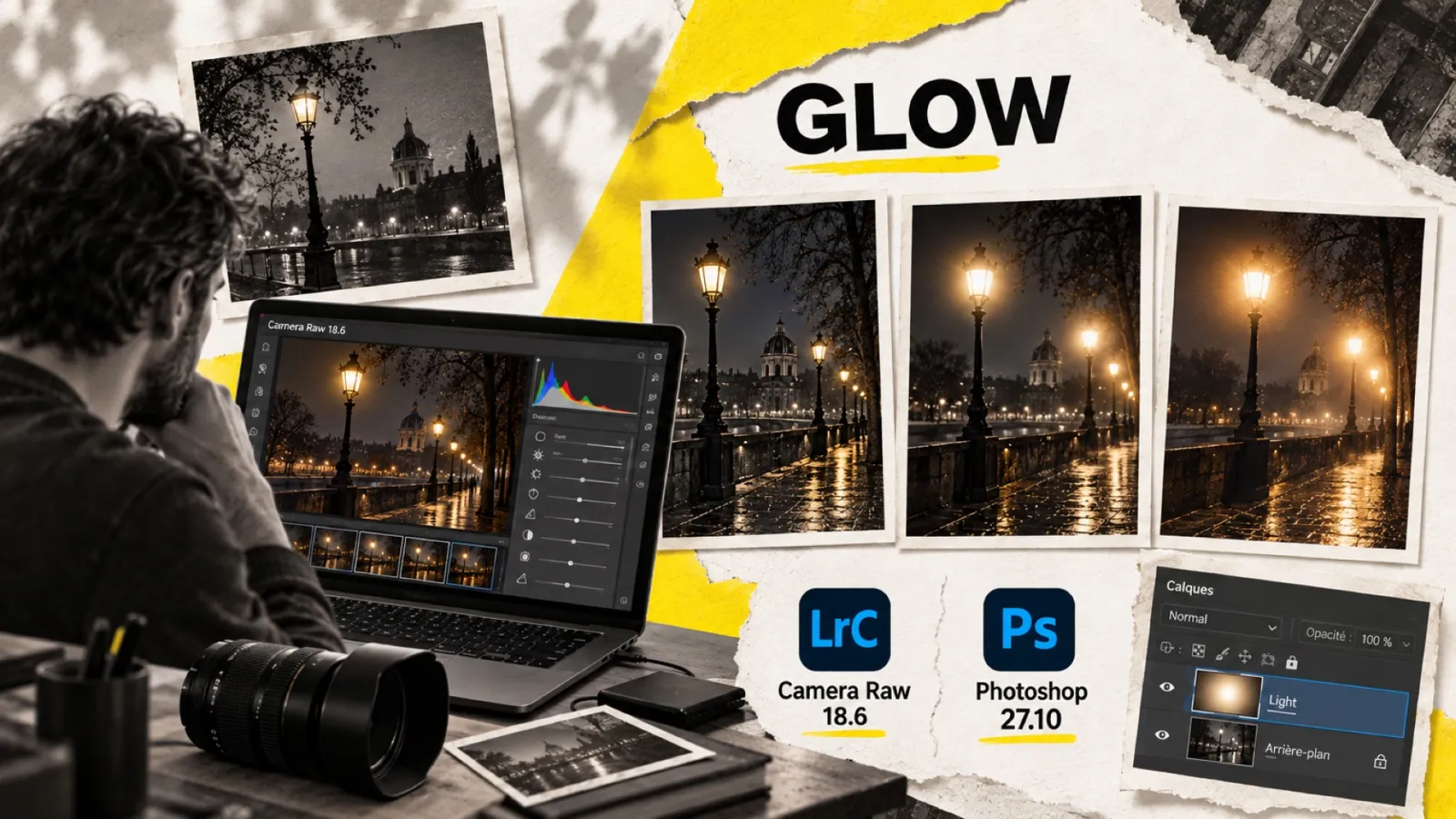 Illustration en collage photographique de l’article « Camera Raw 18.6 : un effet Glow à trois styles, et Photoshop 27.10 gagne un calque de lumière »
