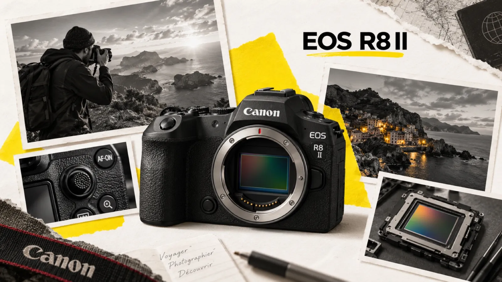 Illustration en collage photographique de l’article « Canon EOS R8 Mark II : 1 799 € et un capteur enfin stabilisé »