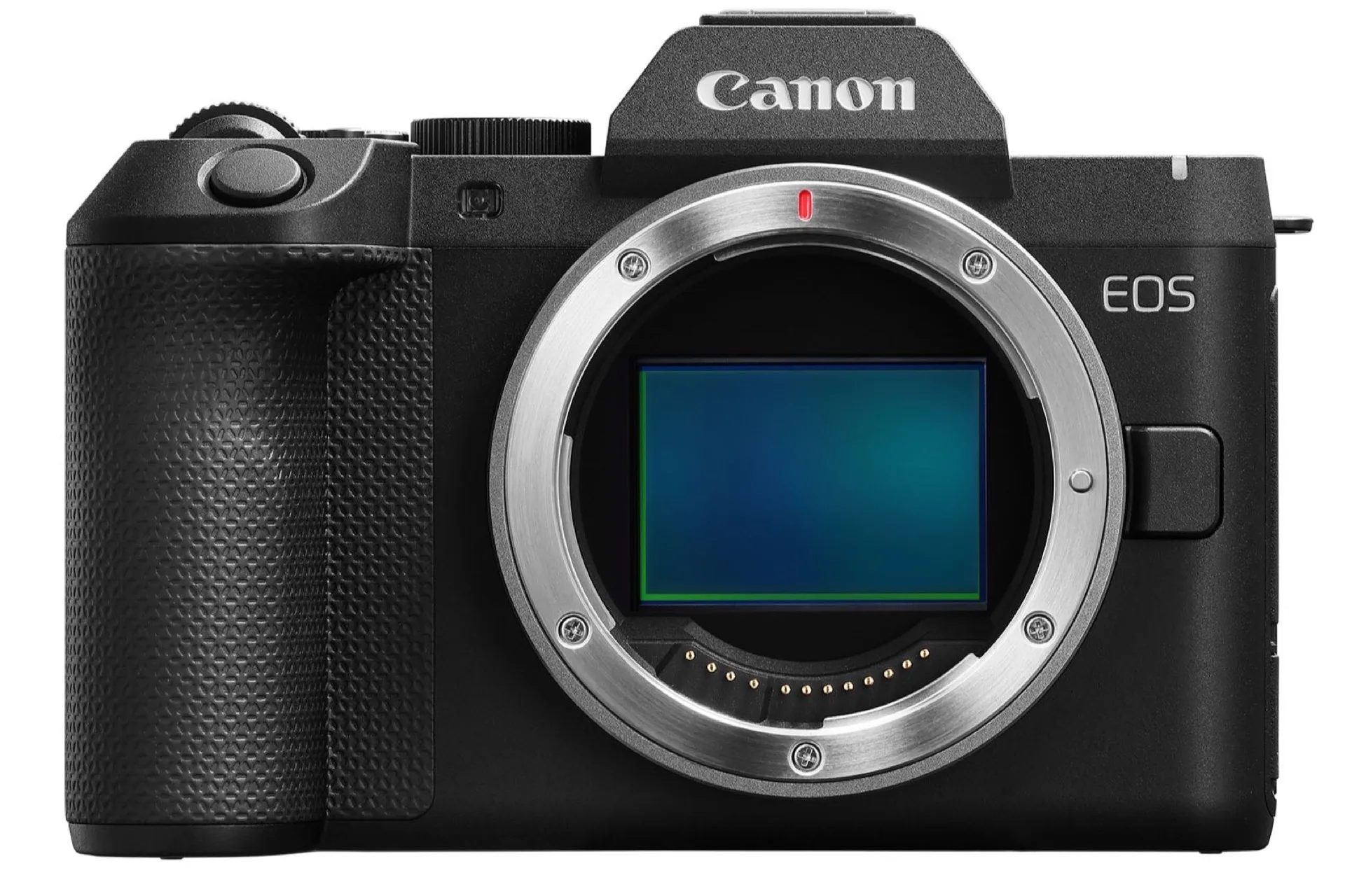 Canon EOS R8 Mark II vu de face, sans objectif, capteur plein format apparent