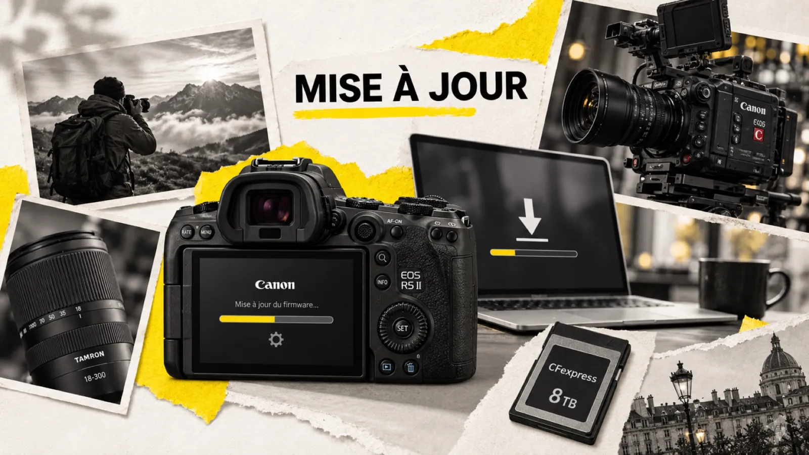 Illustration en collage photographique de l’article « Canon : la vague de firmwares EOS R et Cinema EOS 2026 »