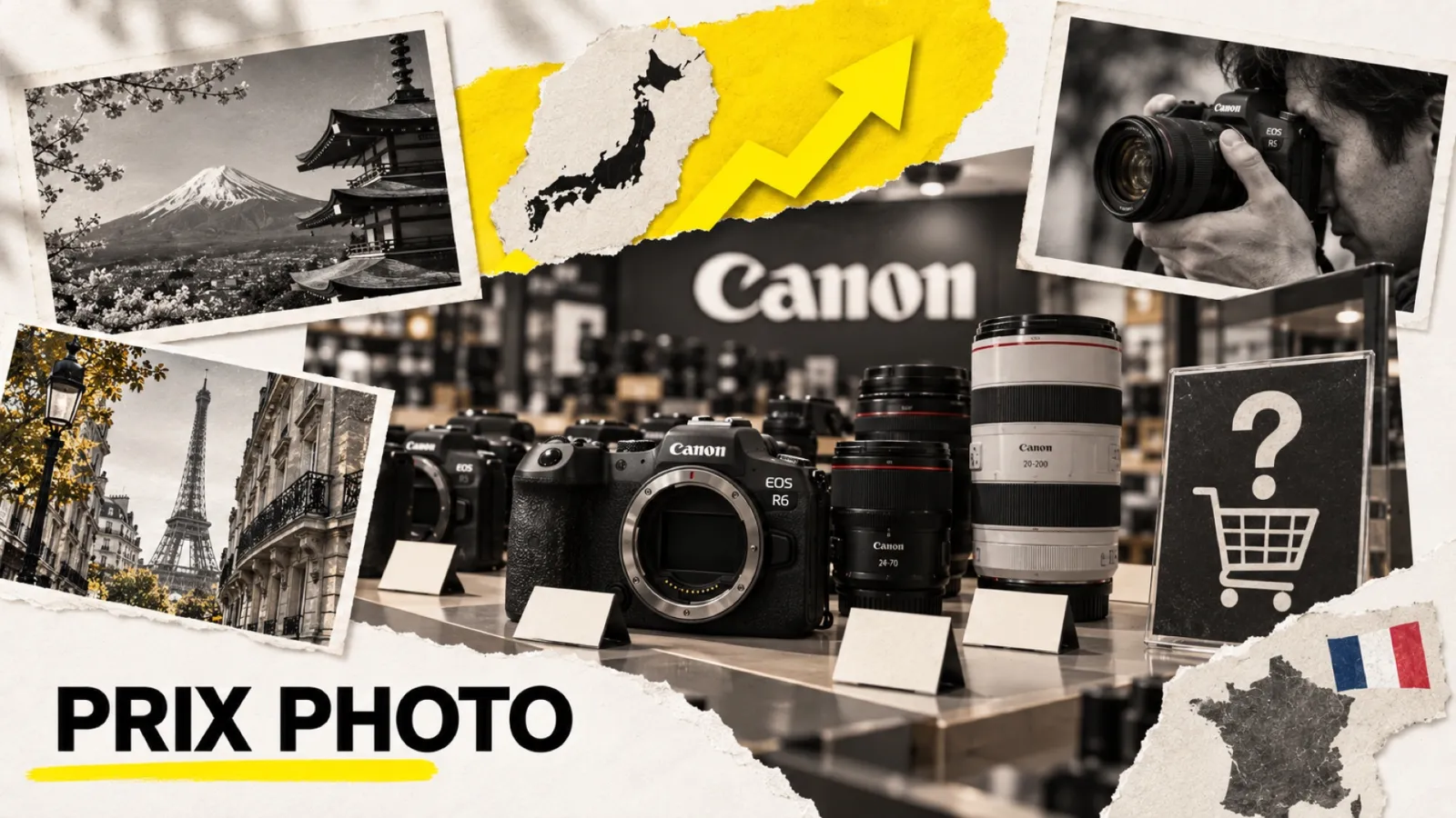 Illustration en collage photographique de l’article « Canon Japon augmente ses prix : faut-il acheter en France avant la vague ? »