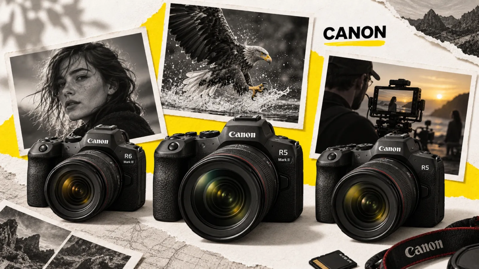 Illustration en collage photographique de l’article « Canon R6 Mark III vs R5 vs R5 Mark II : quel hybride Canon choisir en 2026 »