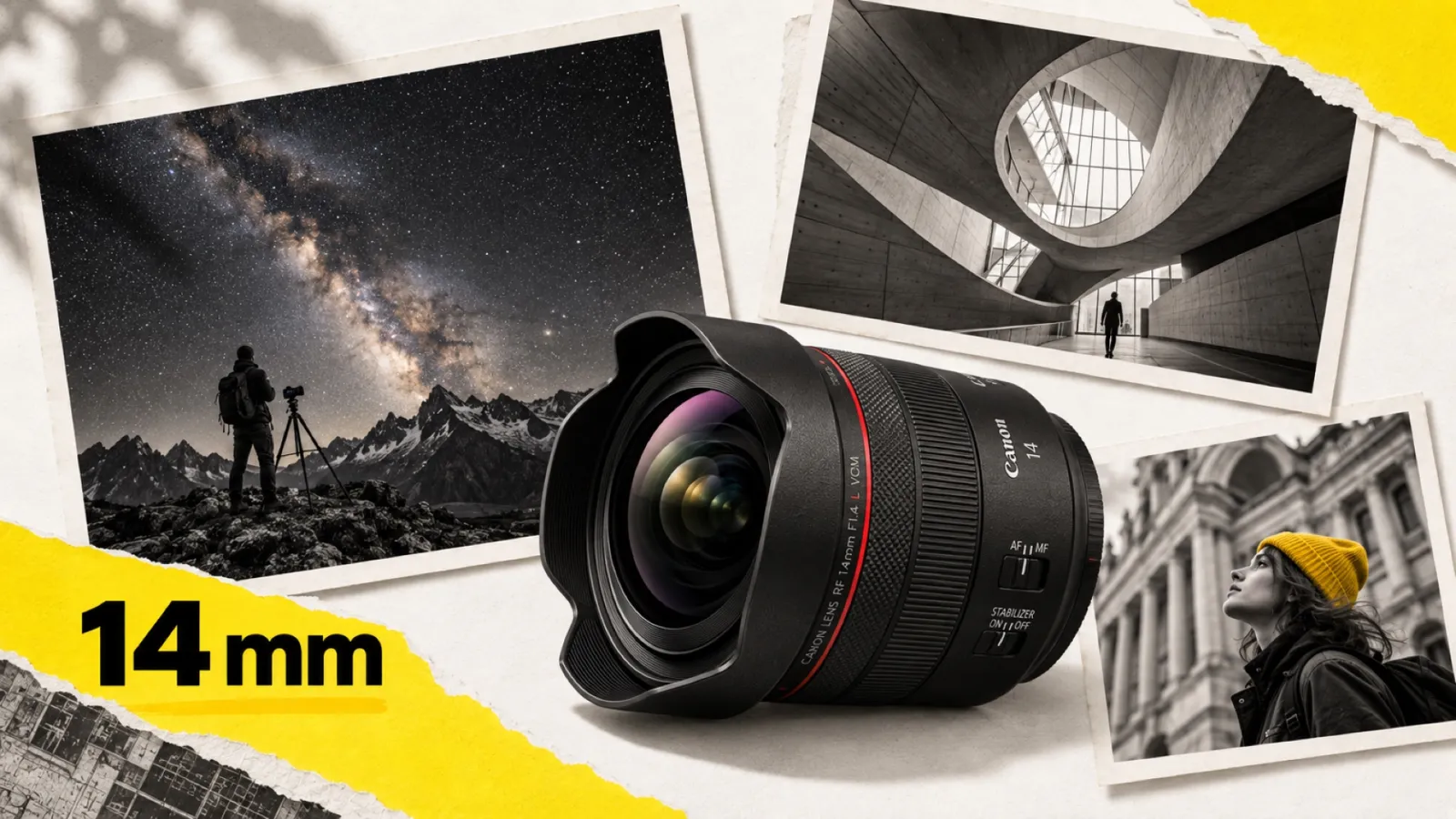 Illustration en collage photographique de l’article « Canon RF 14 mm f/1.4 L VCM : test du grand-angle le plus rapide jamais produit par Canon »