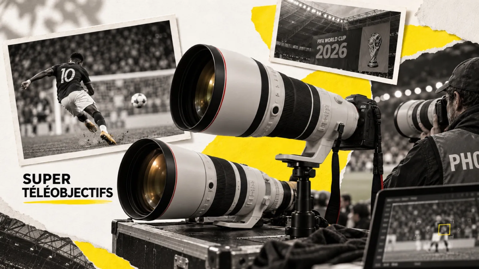 Illustration en collage photographique de l’article « Canon RF 400mm et 600mm : la refonte « Big White » attendue avant la Coupe du Monde »