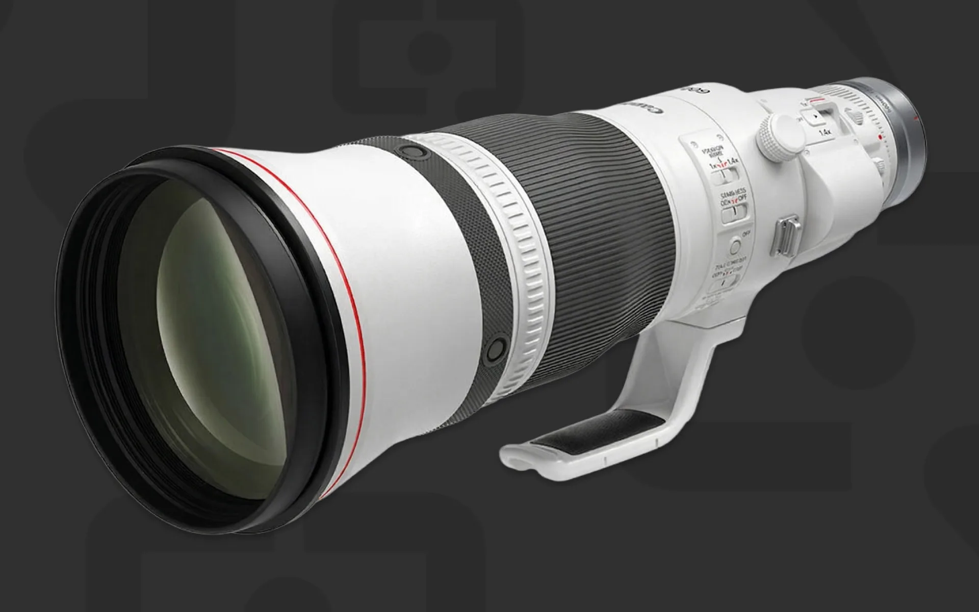 Mockup Canon RF 600mm f/4 L IS USM avec téléconvertisseur 1.4x intégré, illustration des rumeurs