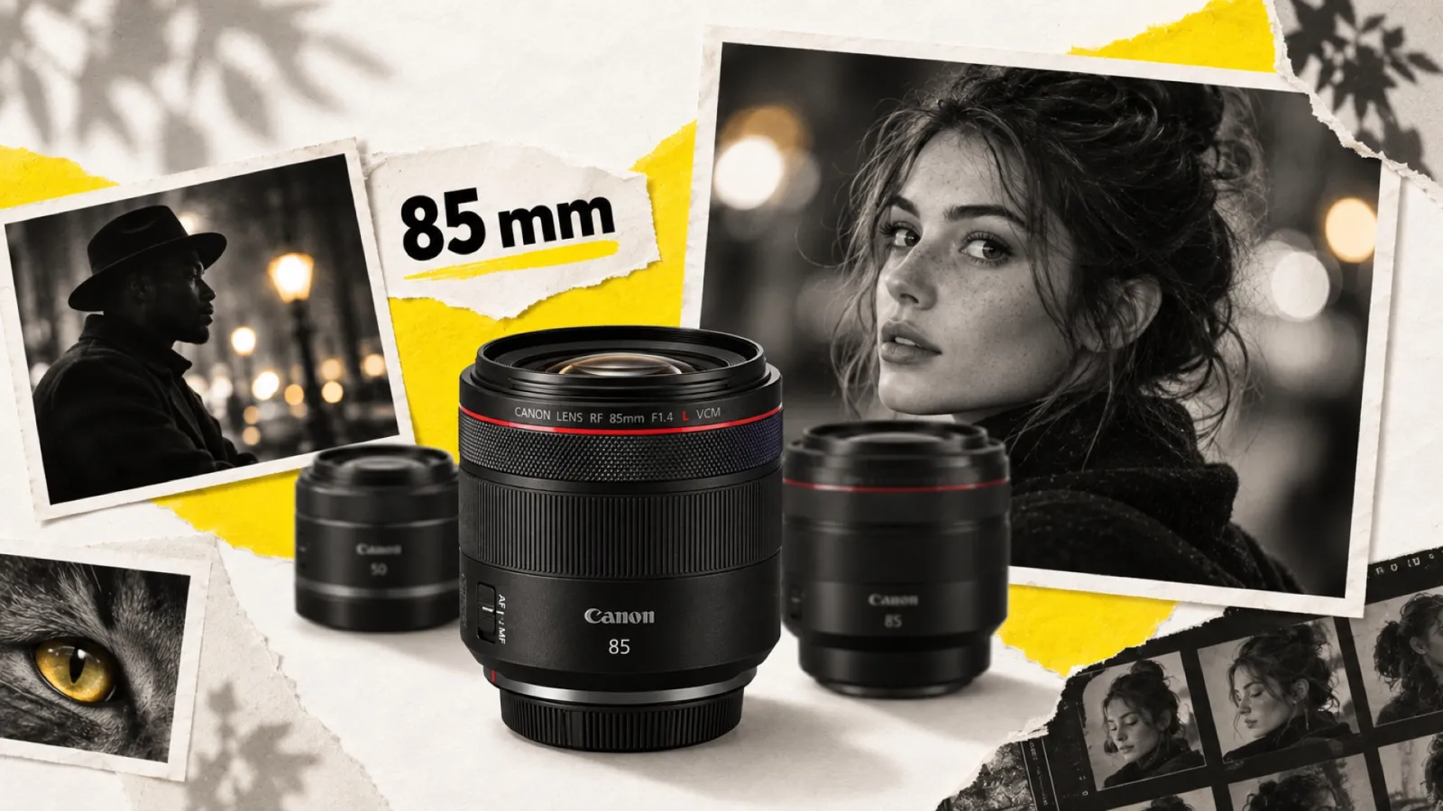 Illustration en collage photographique de l’article « Canon RF 85 mm f/1.4 L VCM : le portrait pro à moitié prix face au RF 85 f/1.2 L »